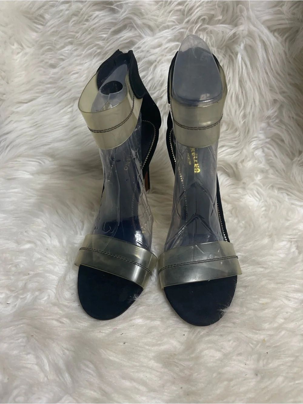 Marciano Los Angeles black suede open toe Heels with Clear Vinyl Straps EUR SZ38